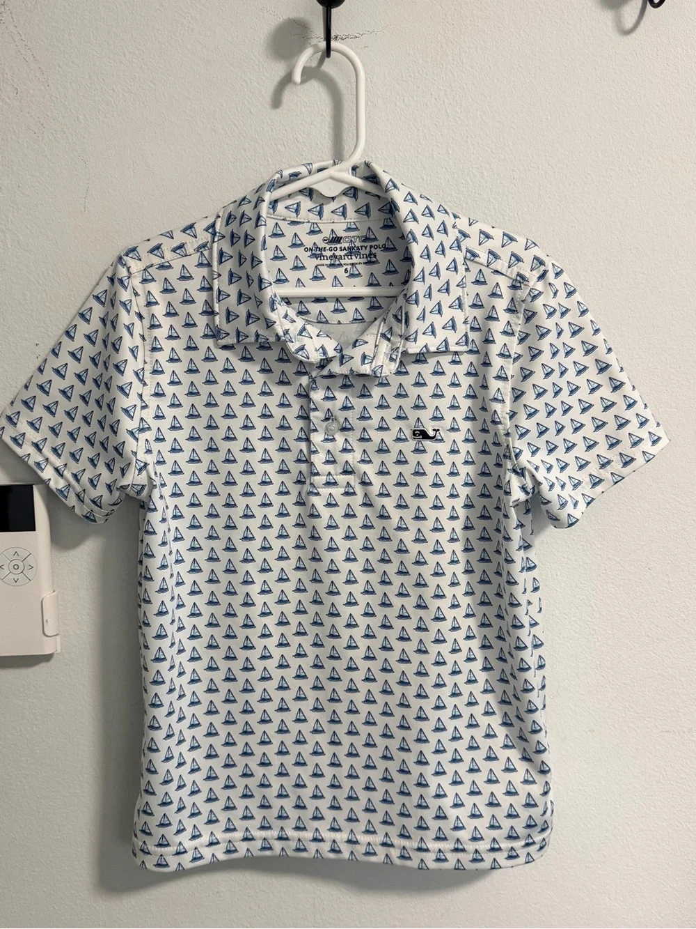 Vineyard Vines White Polo with Blue Sailboat Print